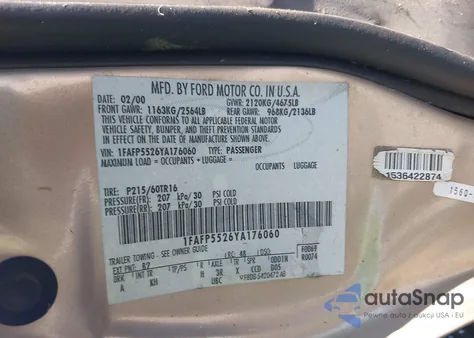 2000 Ford Taurus Ses z USA, uszkodzony, nr VIN 1FAFP5526YA176060